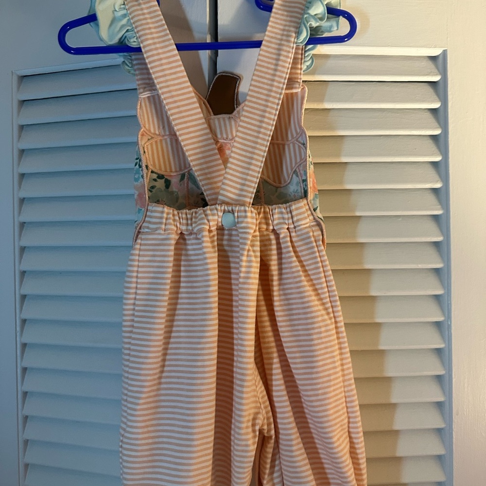 Busy Bee Smocks - Girls Pumpkin Romper Pink Stripe and Floral | 9M - Picture 6 of 8